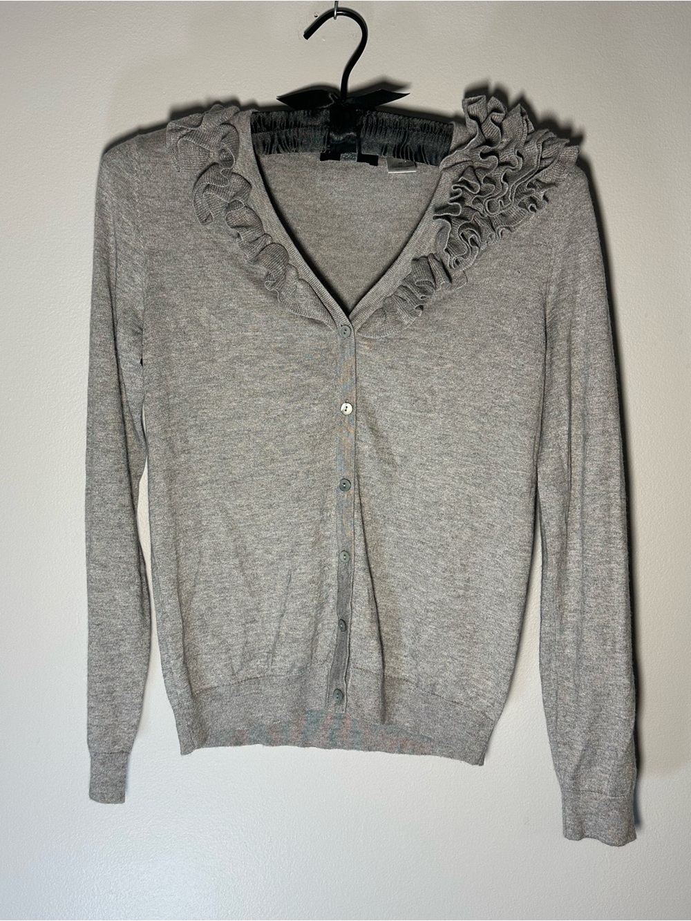 Saks Fifth Avenue Light Gray Ruffle-Trim V-Neck Cardigan Medium